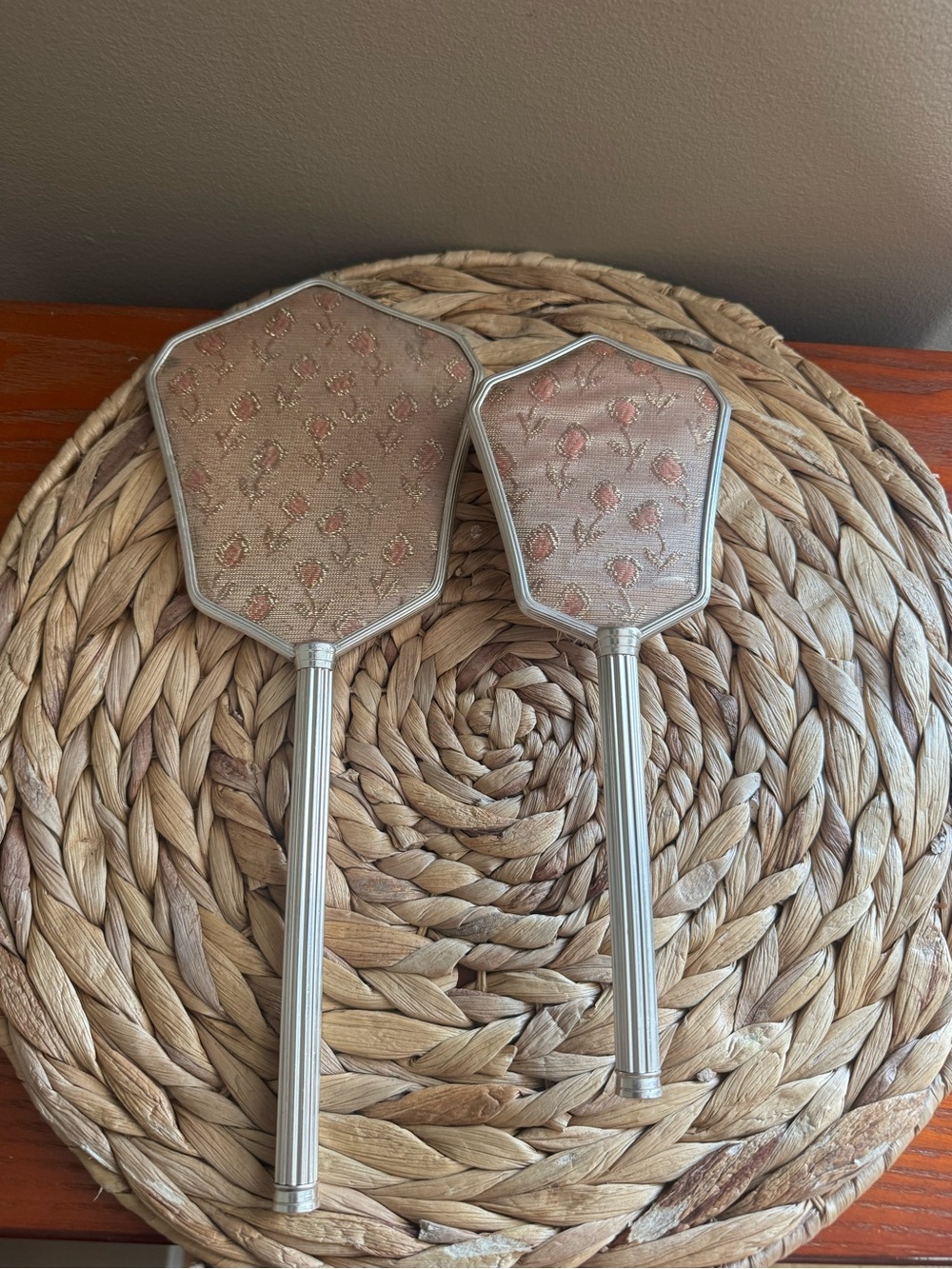 Vintage Hollywood Regency Mirror and Brush Set, Silver & Floral Fabric